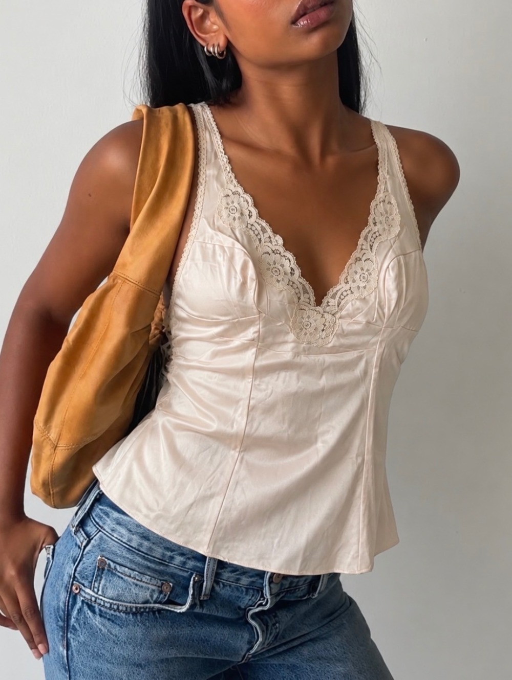 Vintage Cream Lace Trim Satin Camisole Top Y2K
